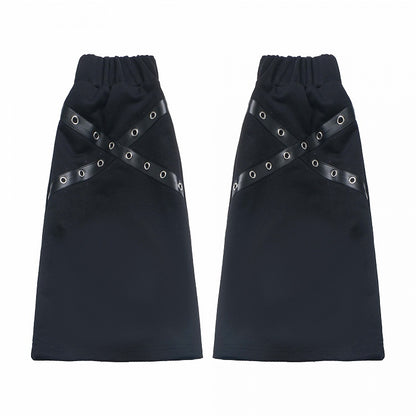 ブラック/グレー クロス PU ストラップ レッグウォーマー