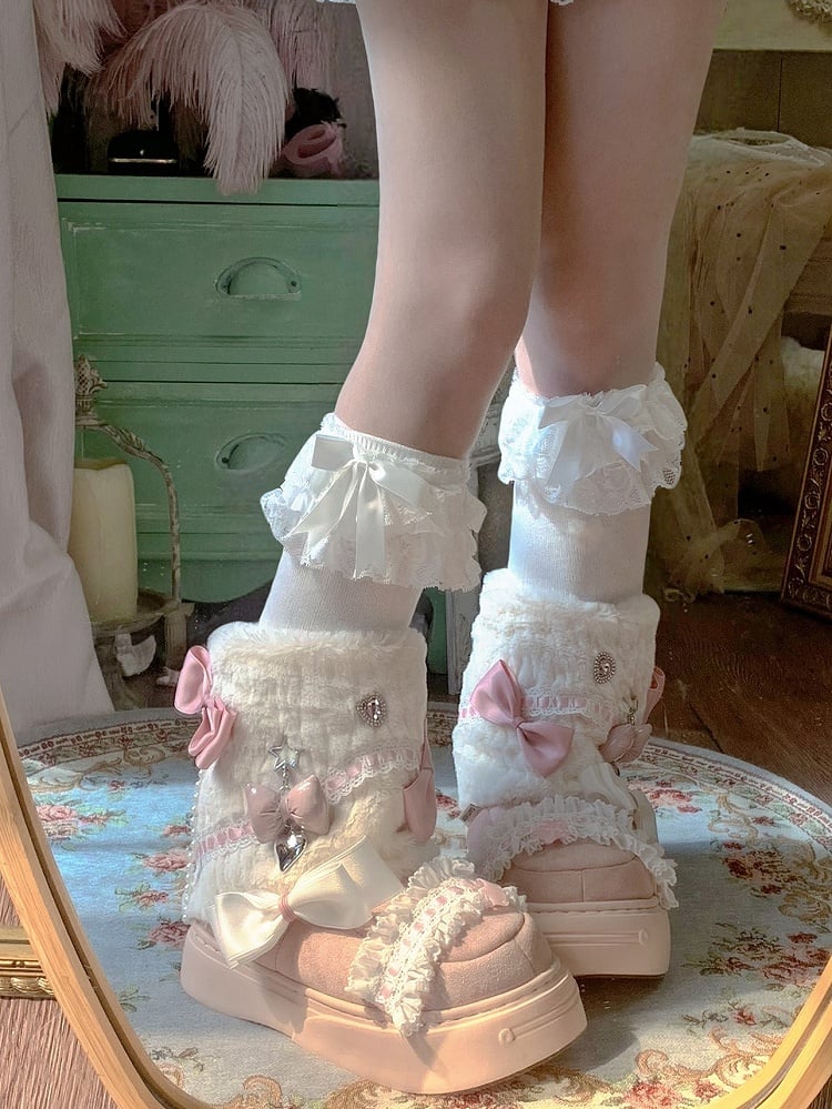 Lolita Bow Sweet Pink Plush Shoes with Beige Accents