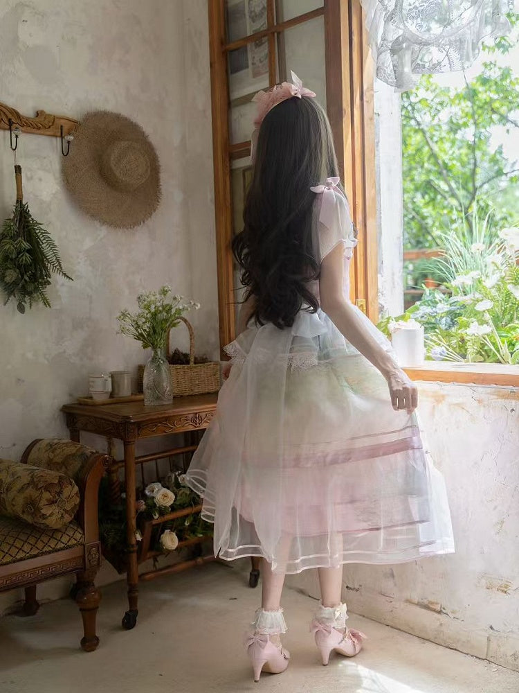 Oil Sleeves One Painting Water Lily Print Light Piece Pink Square Neckline and Flutter