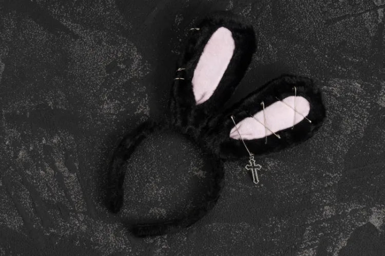 Pins Cross Details Gothic Black Plush Bunny Ears KC