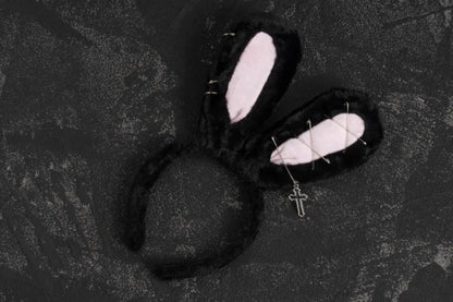 Pins Cross Details Gothic Black Plush Bunny Ears KC