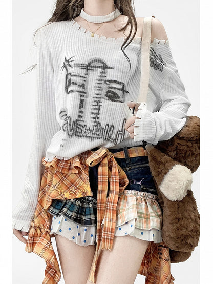 Weißes Y2K-Top mit Ärmeln, asymmetrischer langer Print-Ausschnitt +