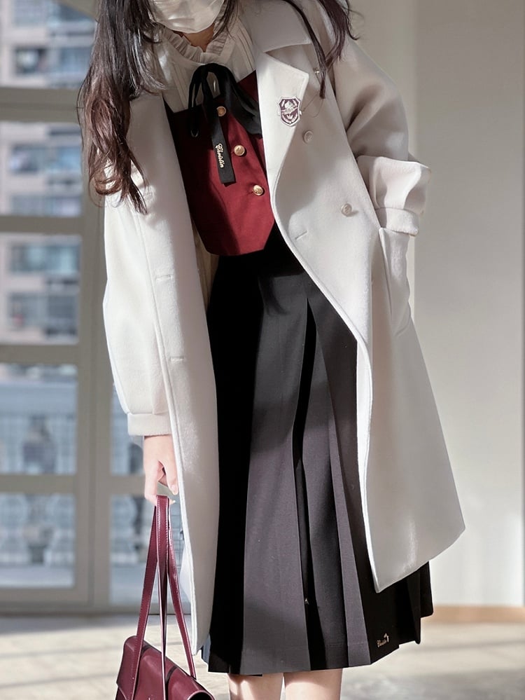 Zweireihiger Reverskragen mit langem Wollmantel in Weiß