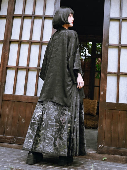 Fabric Patterns Mamian Black Satin Pleated Silver Gothic Cheongsam with Skirt