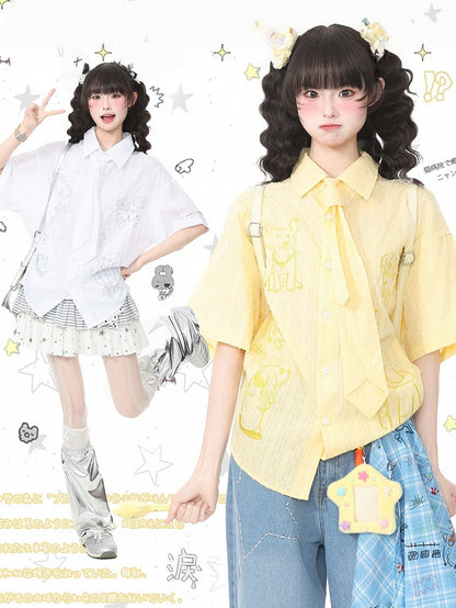 Yellow Puppy Embroidery Short Sleeve Shirt with Tie - Languid Park