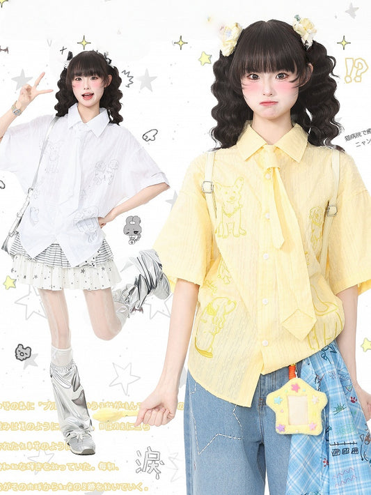Yellow Puppy Embroidery Short Sleeve Shirt with Tie - Languid Park