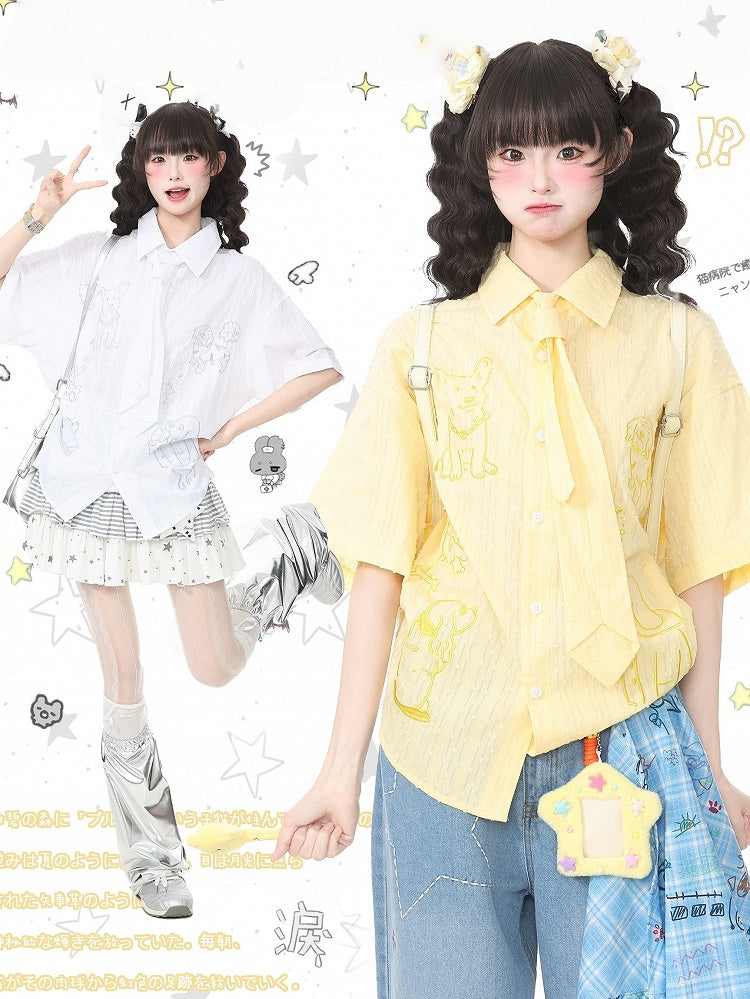 White Puppy Embroidery Short Sleeve Shirt with Tie - Languid Park