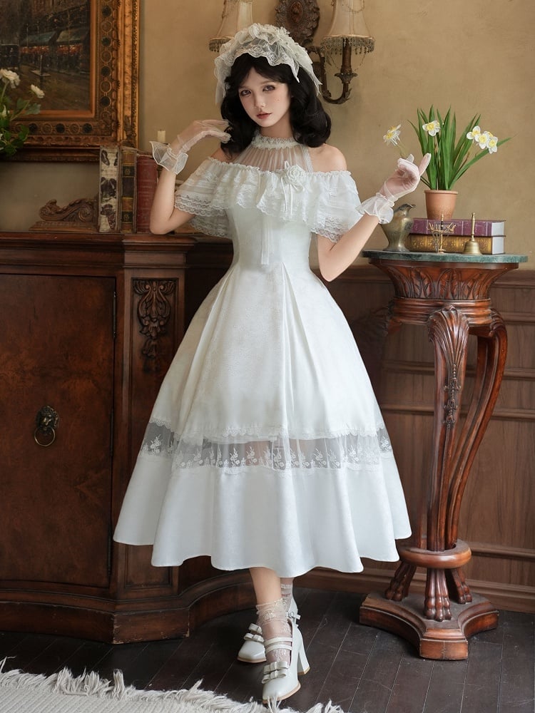 Halter Fabric Rosette Full Set Illusion Dress Jacquard Elegant White Neck