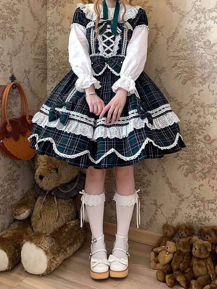 und Kleid karierte Puffärmel mit Akzenten Lolita-Schleife gewellter Rand süßes Grün