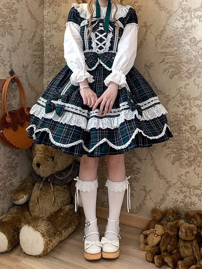 und Kleid karierte Puffärmel mit Akzenten Lolita-Schleife gewellter Rand süßes Grün