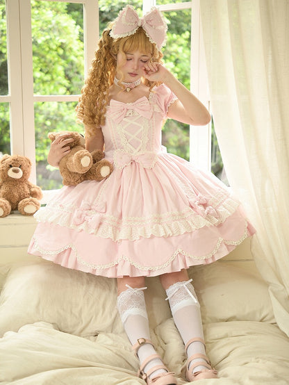 Lolita-Kleid mit Puff-Baumwolle und Ausschnitt, rosa, quadratisch, ein altes Kleid mit kurzen Ärmeln