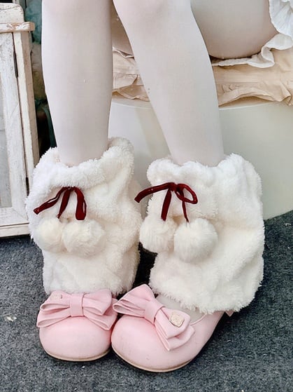 Y2K Plush Leg Warmers with Bowknots and Pompoms