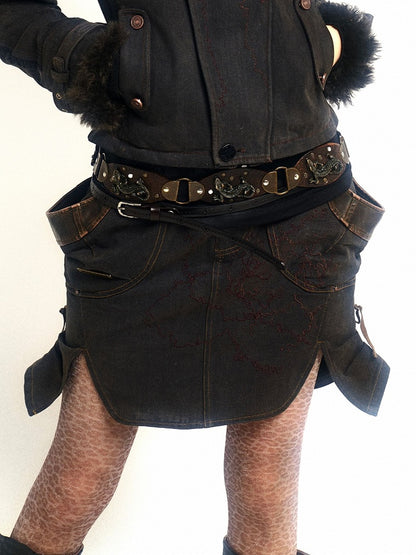 Multi-Slit Embroidery Design Skirt Black Short with Punk Denim