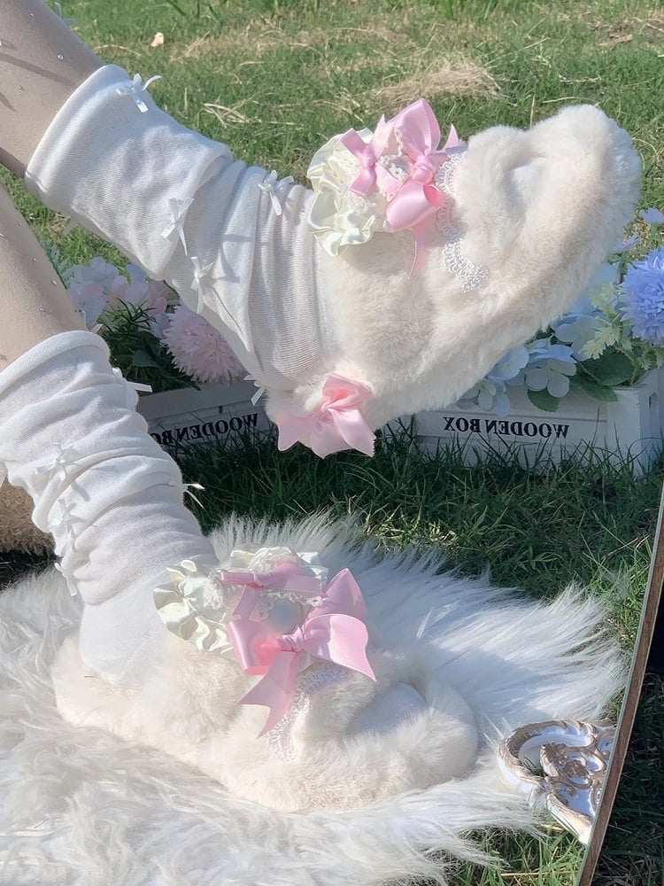 Ruffle - Lace Pink Slippers Bow with 2cm/4cm Platform Knotted Lolita Plush Heart Sweet Winter Trim