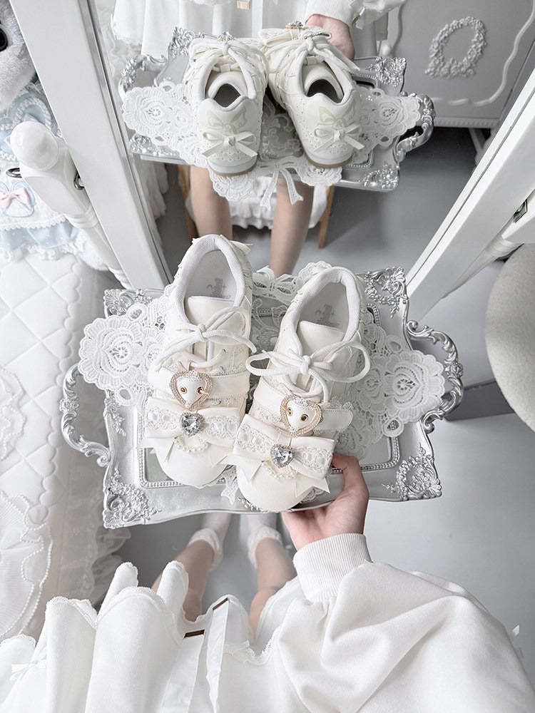 White Jirai Kei Style Shoes with Heart Buckle & Crystal Embellishments - Transfer Student