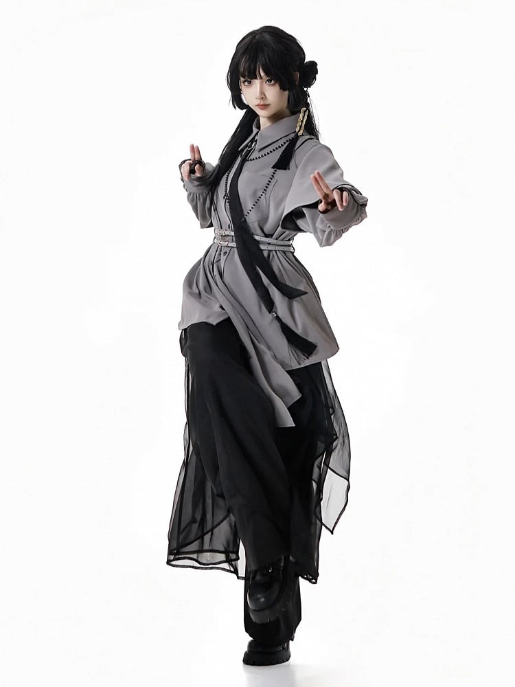 Shirt Shoulder Buckle and Embroidered Cape Detachable Cheongsam Style with Gray Bamboo Belt