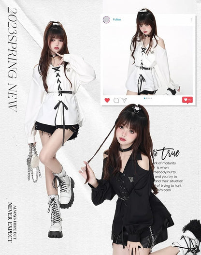 with Open-shoulder Free Lace-up Black Shirt Chain Waist