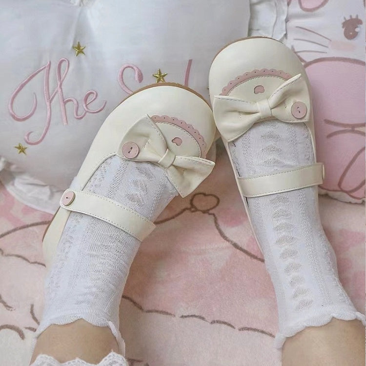 Top Beige Closures Sweet Bow Design Details Strap Pink Flats Toe Velcro Round Button with PU