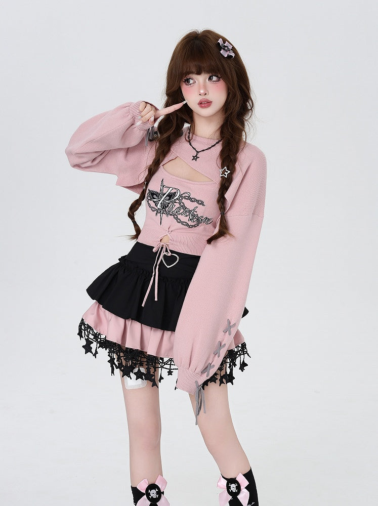 Crisscross with Pink Cropped Fitted Knit Tank Shrug Sweet Set: Lacing + Spicy