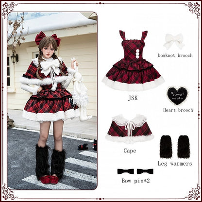 - JSK Cape Reversible Set Plaid Warmers + Brooches Red Winter Leg Lolita Black