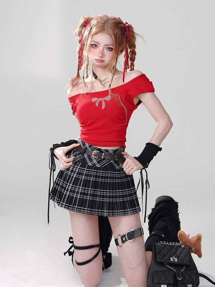 Black Plaid A-Line Mini Skirt with Belt