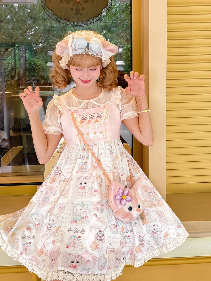 Süßes Lolita-Kleid, Pullover, rosa Flatterärmel, Rock mit Kätzchen- und Kuchen-Print