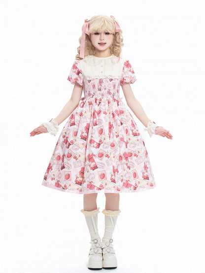 Lace Puff Pink with Sleeves Collar Lolita Beige Dress Print Strawberry Sweet