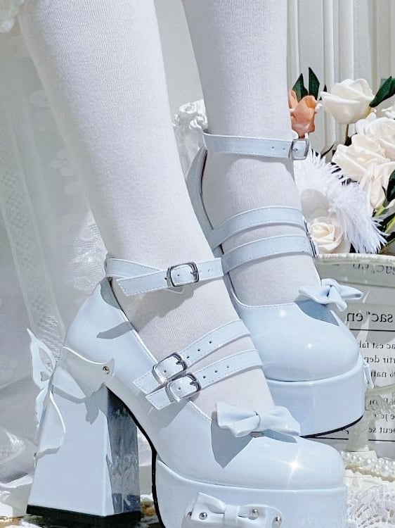 Design Bowknot High Block Lolita Stud Shoes Blue Heels Light Platform Butterfly