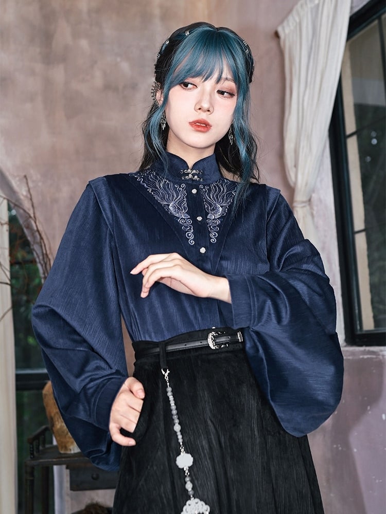 Sleeves Cheongsam - Collar Navy Blue Blouse Goth Mandarin Pipa