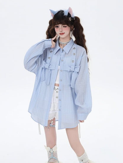 ライトブルー/ライトピンクのビッグリボンセミシアーシャツ