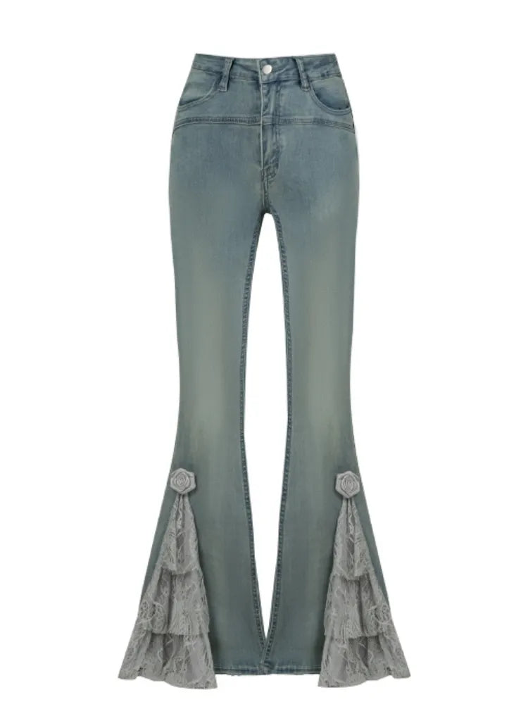 Gray Layered Lace Patch Cuffs Blue Fishtail Jeans
