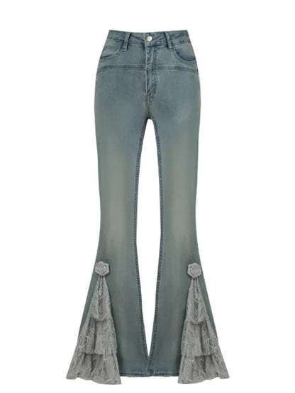 Gray Layered Lace Patch Cuffs Blue Fishtail Jeans
