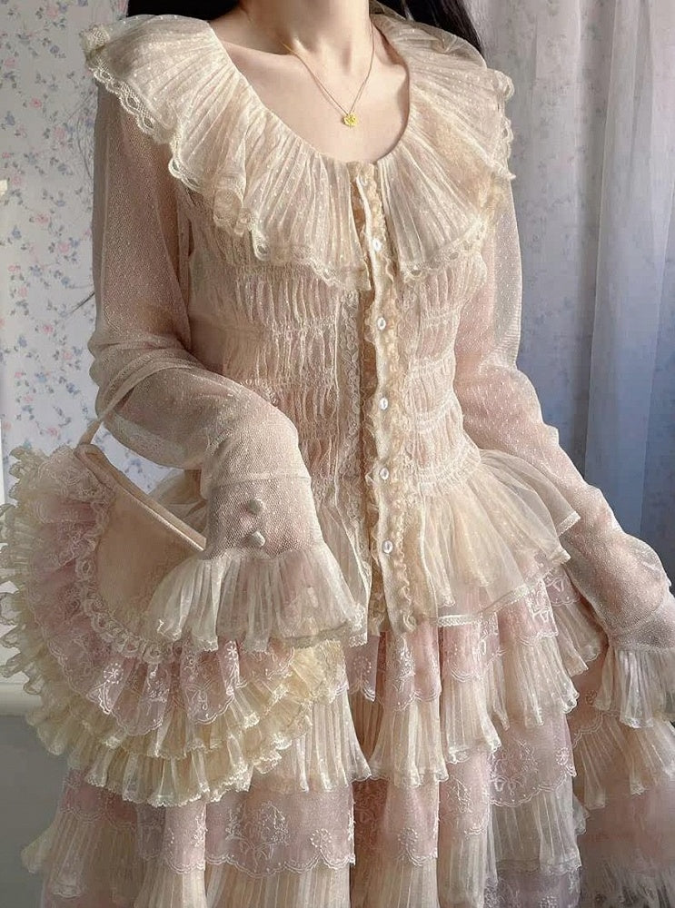Beige Elegant Lolita Sleeves Blouse with Hem Ruffled Long