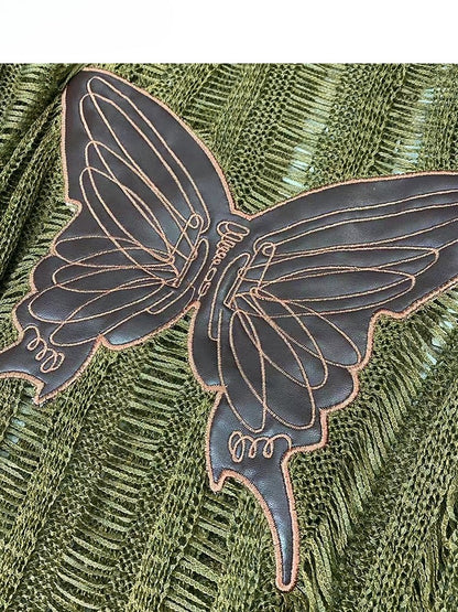 ニットプロテクショントップアップリケサンロングビタースイートグラマラススリーブバタフライグリーン