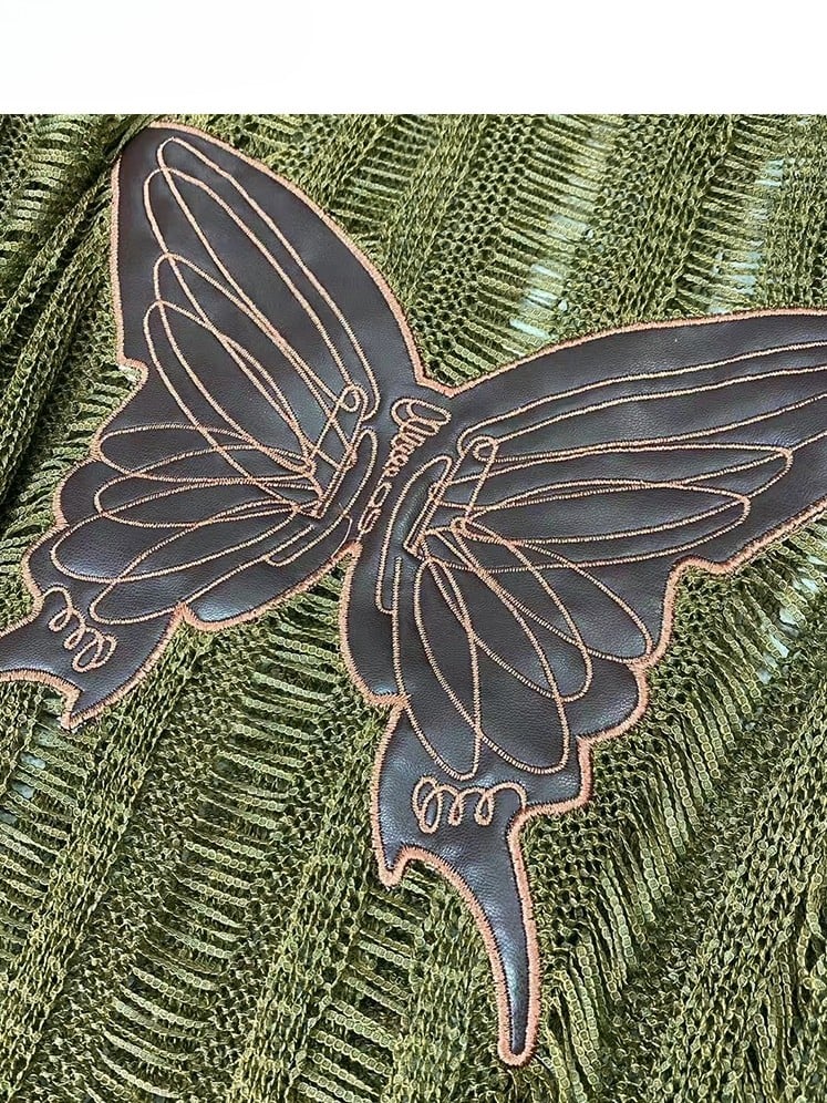 Knitted Applique Long Glamorous Sleeve Protection Butterfly Green Sun Top Bittersweet