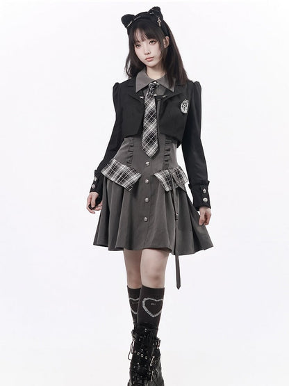 Ruffle Accent Gray Long Sleeve Preppy Dress with Plaid Tie & Shirt Collar - PINK SAVIOR
