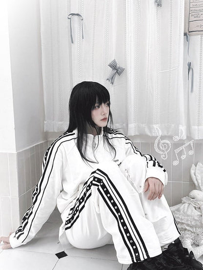 Kei Stud Pants White Striped with Jirai Decorations Casual