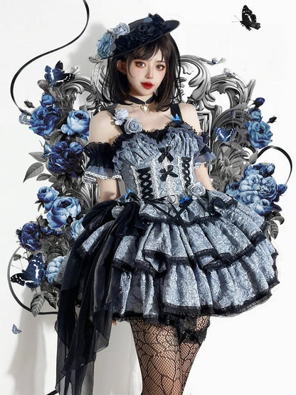 Dress Lolita Multi-Layered Texture with Dark Blue Skirt and JSK Floral Black