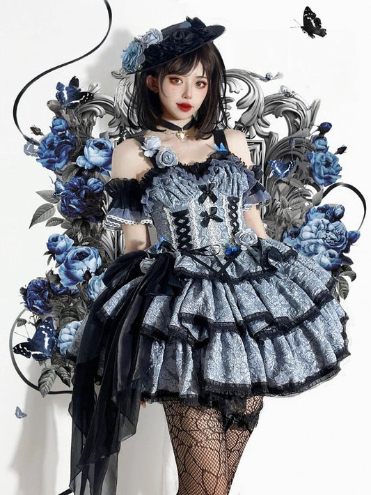 Dress Lolita Multi-Layered Texture with Dark Blue Skirt and JSK Floral Black