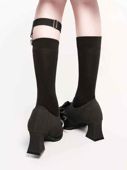 Black Velvet Gothic Bowknot High Heels Cross Lace - EvilStar