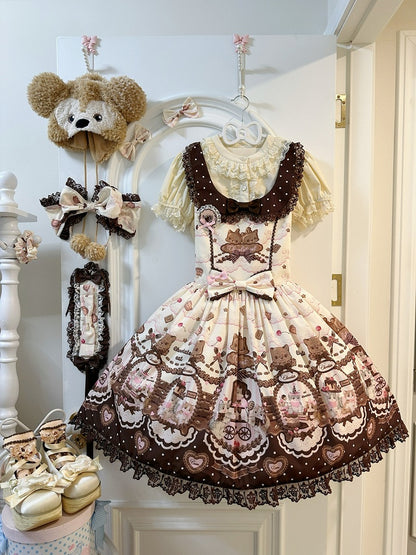 Sleeves Lolita Floral with Puff JSK Theme Cat Dress Sweet Chocolate Print