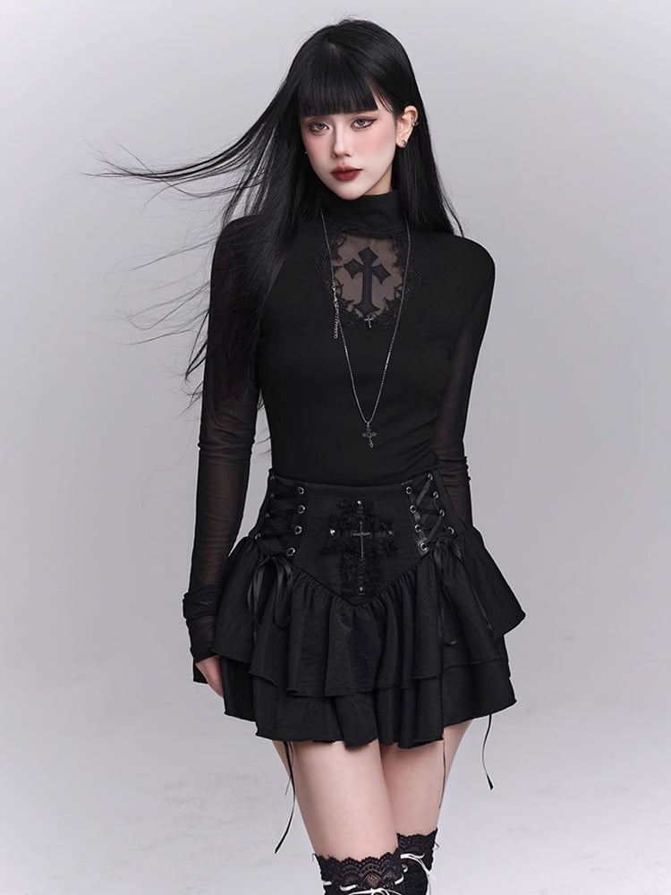 Sleeves Black Mock Neck Coffin-shaped Cutout Cross Applique Mesh