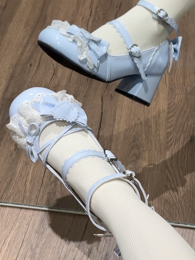 Süße Schnalle mit Schleife Schuhe Janes - Lacework Lolita Details Blue Heart Mary