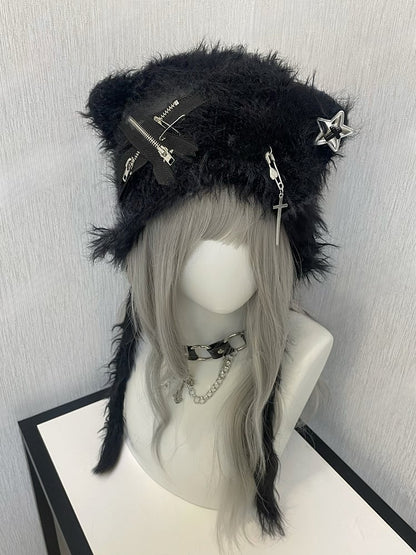 Black Pinsand Zippers Accents Cat Ear Plush Hat