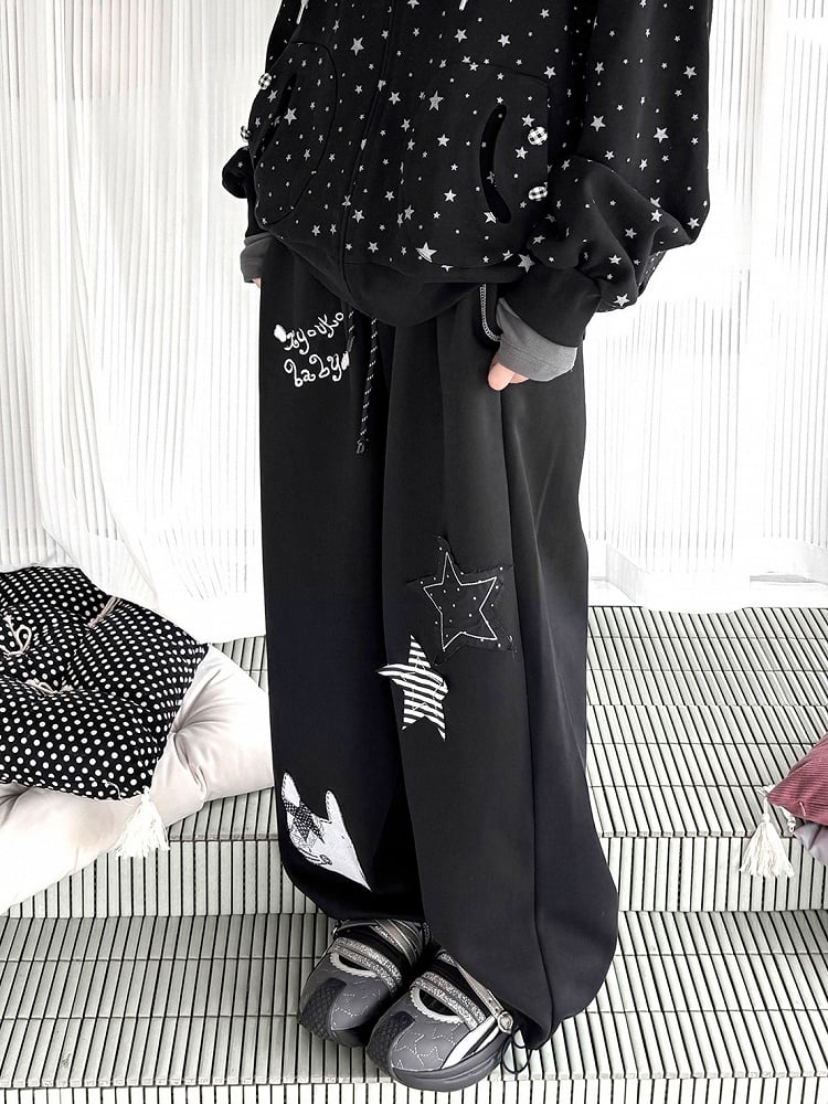 Waistband Elastic Pants Appliques Black with Kawaii Star Daily