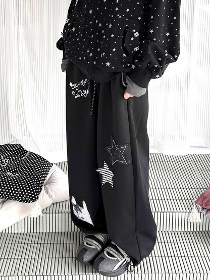 Waistband Elastic Pants Appliques Black with Kawaii Star Daily