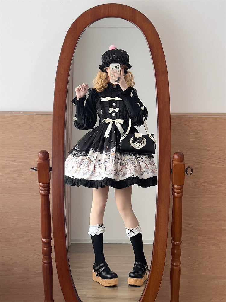 Dress White Lolita Black JSK Print Sweet Sheep with Overlay Angel