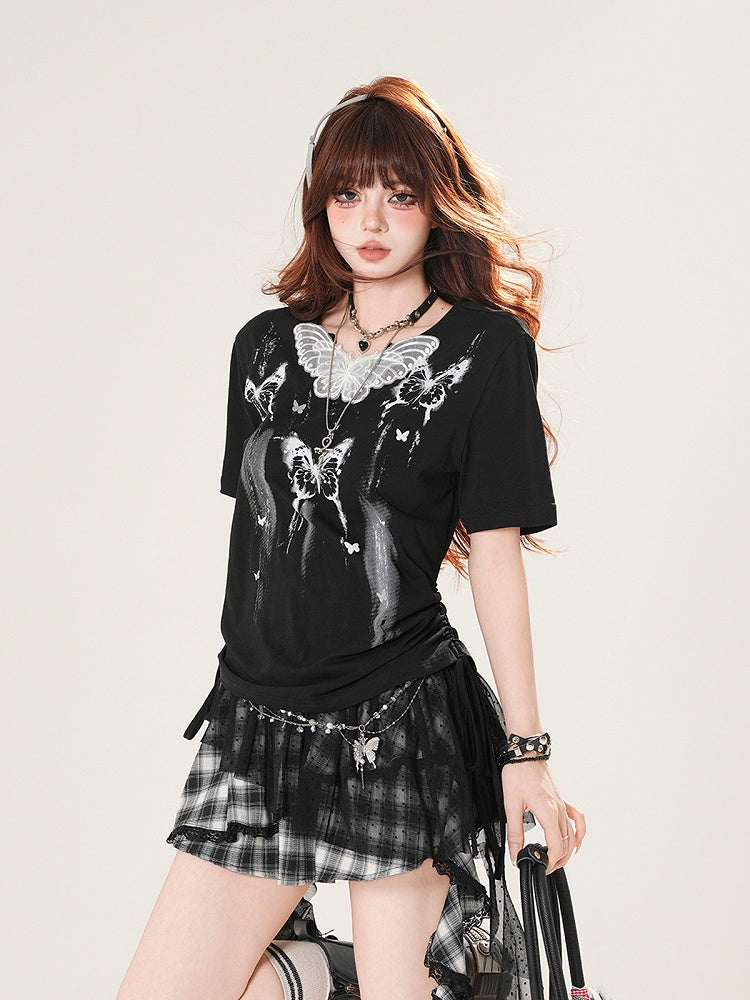 T-Shirt Black Butterfly Print with