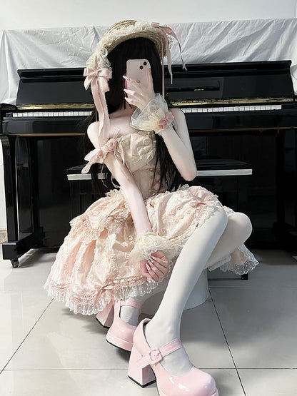 Lolita Lace Jacquard JSK Dress Bow Doll-Style Pink with Floral