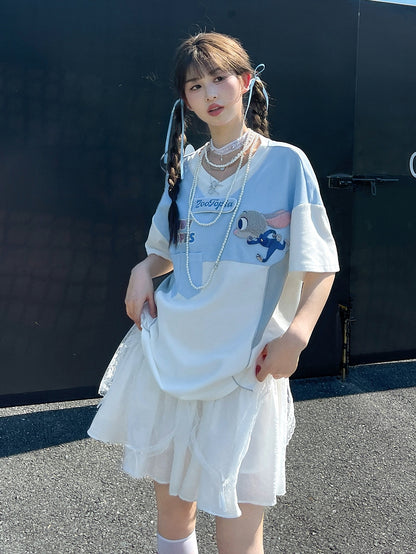 ズートピア ジュディ ブルー Vネック カラーブロック デザイン Tシャツ